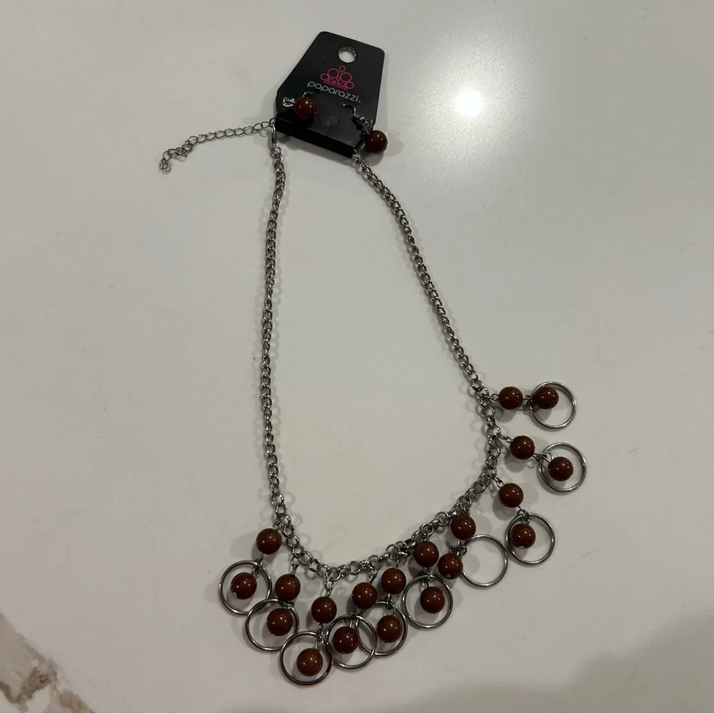 NWT Paparazzi Silver and Brown Necklace and Earrings Set